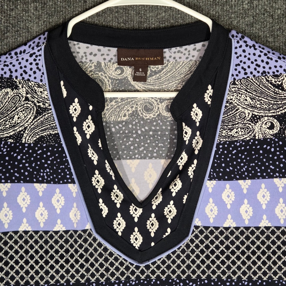Dana Buchman Tunic Top Womens Small Blue Paisley Mixed Print 3/4 Sleeve V-Neck